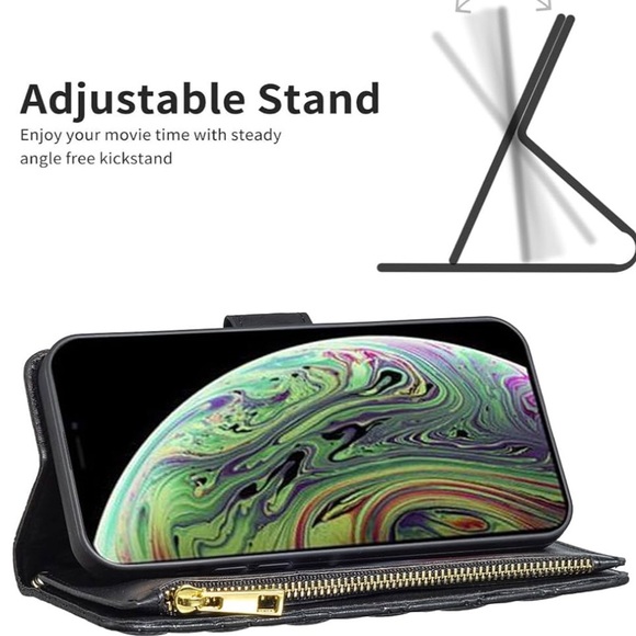 Black Quilted iPhone Xs, X Wallet Cover with Flip Credit Card Holder Stand - Picture 4 of 9